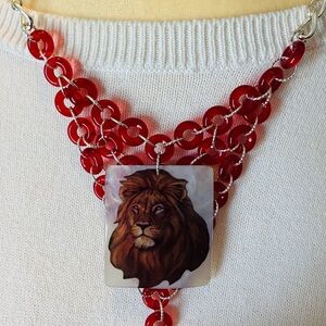 Colorful Handmade Printed Shell Lion Pendant Bib Necklace
